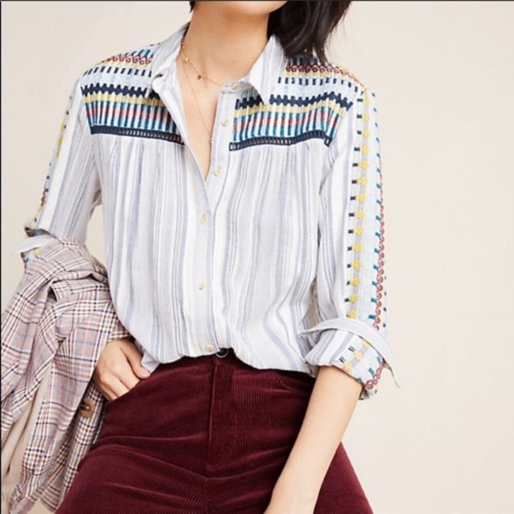 Anthropologie Pilcro & The Letterpress Embroidered Sleeve Button Front Shirt sz